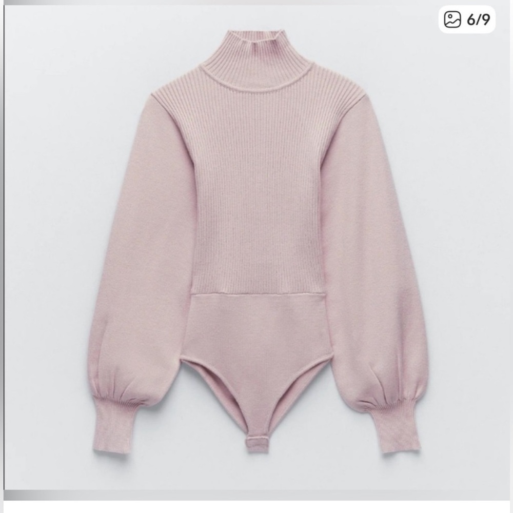 Zara Knit Soft Pink Ribbed Turtleneck Bodysuit Sweater